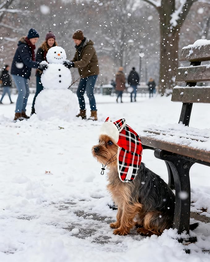 PET SHOW Dog Trapper Hat Winter Hat for Small Dogs Christmas Warm Fleece Aviator Hats with Ear Flaps Adjustable Outdoor Boy Puppy Pet Pilot Costume Cap S-Red Plaid/Without Ear Holes