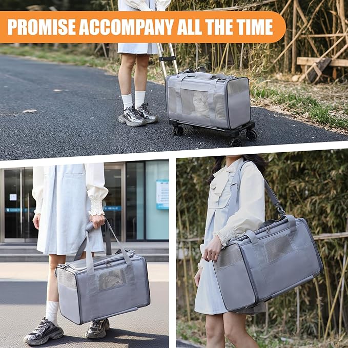 Pet Carrier with Wheels - Soft-side Wheeled Cat Carrier for Dogs with Telescopic Handle, Collapsible Rolling Pet Travel Bag Carrier for Large Cats Small Medium Dogs for Camping Vet Visiting Light Grey