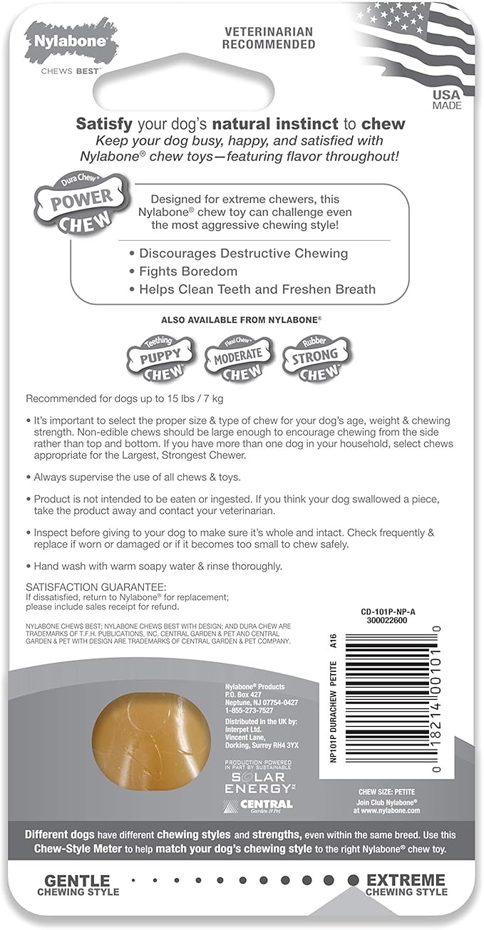 Nylabone Original Bone Power Chew Toy for Dogs, Durable & Tough Dog Toys for Aggressive Chewers, Original Flavor, X-Small/Petite - Up to 15 lbs, 1 Count