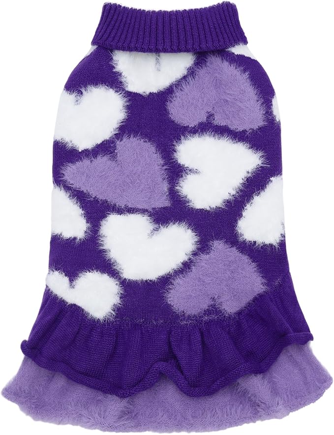 CuteBone Purple Heart Dog Sweater Dress for Small Dogs Girl, Soft and Stretchy Dog Sweater for Medium Large Dogs, Pullover Pet Winter Clothes Ruffle Dress Cat Apparel DS101XL