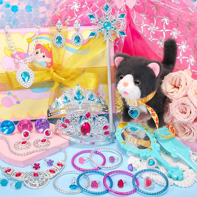 Tagitary Plush Cat Toy Can Repeats What You Say,Stuffed Interactive Cat Talking Musical Toys with Princess Pretend Jewelry Toy, Kids Dress Up Play Set Christmas Birthday Gift Party Favors for Toddlers