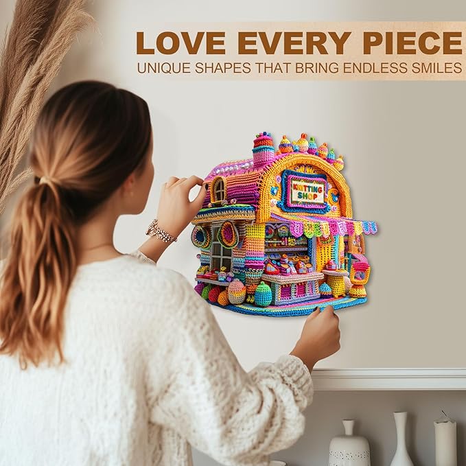 KAAYEE Wooden Puzzles for Adults, Knitting Shop Jigsaw Puzzles, 90 Piece Unique Shape Puzzle, Creative Gifts for Adults/Friends/Family, Family Game，Wall Decor(8.5 * 8.3in)