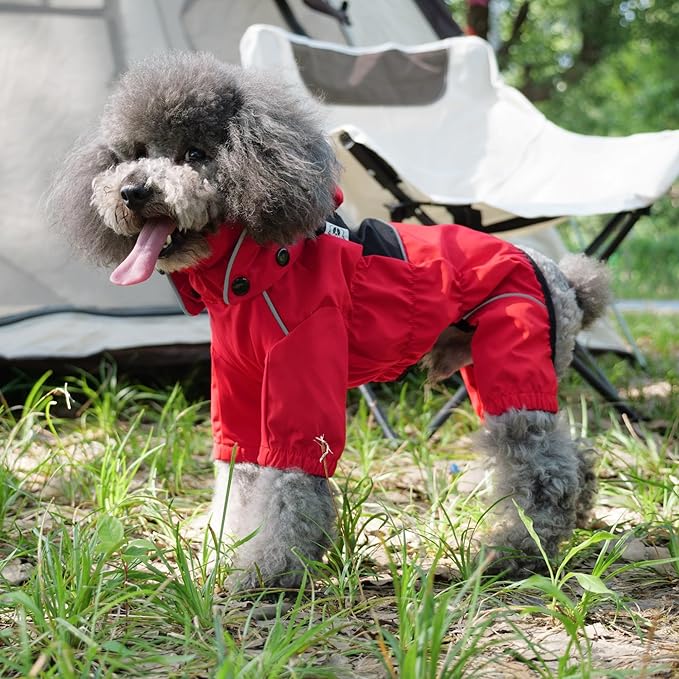 LOVELONGLONG Waterproof Dog Raincoat with Removable Hood – Outdoor Full Body Dog Jacket, Windproof Snowproof Shell Suit – All Season Pet Rain Gear Red XXS