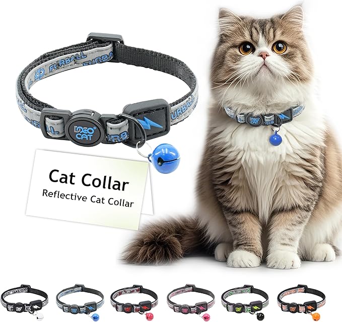 DOCO Cat Collar Breakaway Safety Buckle - Reflective Kitten Collar with Bell, Adjustable Nylon Strap for Kittens & Adult Cats - Blue, Neck Girth - 3/8" x 7.5-12", Weight Up to - 13lb