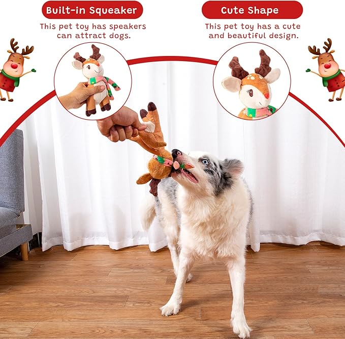 Hollypet Christmas Squeaky Plush Stuffed Durable Dog Toys, Cute Puppy Chew Toys for Small, Medium and Large Breed Dogs, Standing Elk
