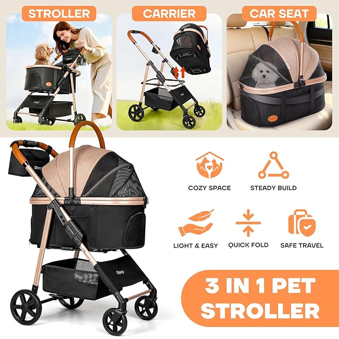 Dog Cat Stroller for Small/Medium Pets up to 50 lbs, 3-in-1 Foldable Pet Stroller with Detachable Carrier, Car Seat, Storage Basket, Cup Holder, Hanging Bag, Rain Cover, All-Terrain 4 Wheels (Khaki)