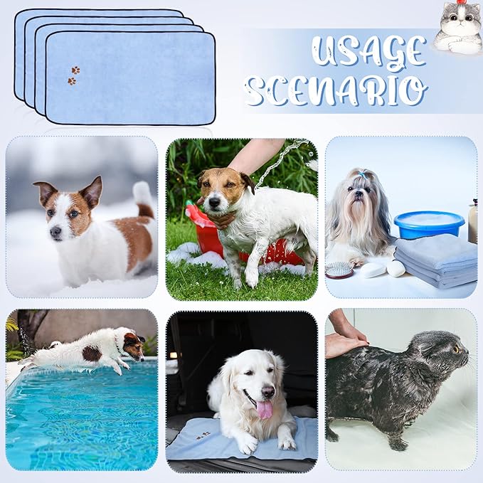 Tegeme 4 Pack Dog Towels for Drying Microfiber Soft Absorbent Pet Bath Towel Dog Drying Grooming Cloth with Embroidered Paw for Pet Cat Bathing Grooming(35 x 20 Inch,Blue)