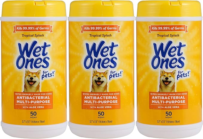Wet Ones for Pets Multipurpose Dog Wipes with Aloe Vera, Tropical Splash Scent - Pet Bathing Wipes in Canister for Dog Paws & All Over Use, 50 Count - 3 Pack