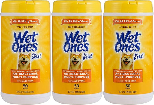 Wet Ones for Pets Multipurpose Dog Wipes with Aloe Vera, Tropical Splash Scent - Pet Bathing Wipes in Canister for Dog Paws & All Over Use, 50 Count - 3 Pack