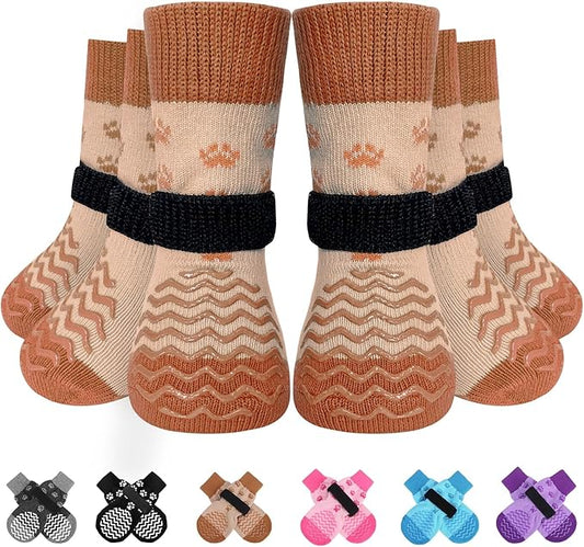 EXPAWLORER 6Pcs Anti Slip Dog Socks to Prevent Licking Paws, Dog Shoes for Winter, Double Sides Dog Boots & Paw Protectors Booties for Hardwood Floors with Grippers Small Medium Large Senior Dogs, S