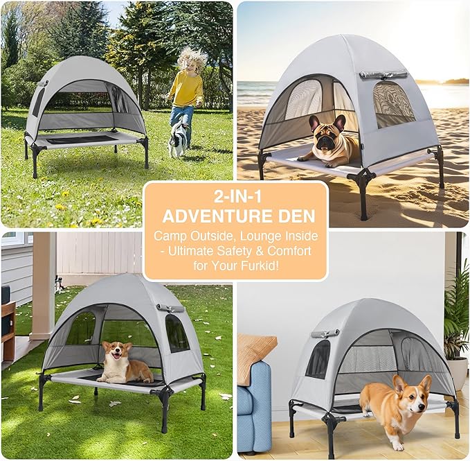 Elevated Outdoor Dog Bed with Canopy – Cooling Camping Tent, Removable Shade, Off-Ground Cot, Small