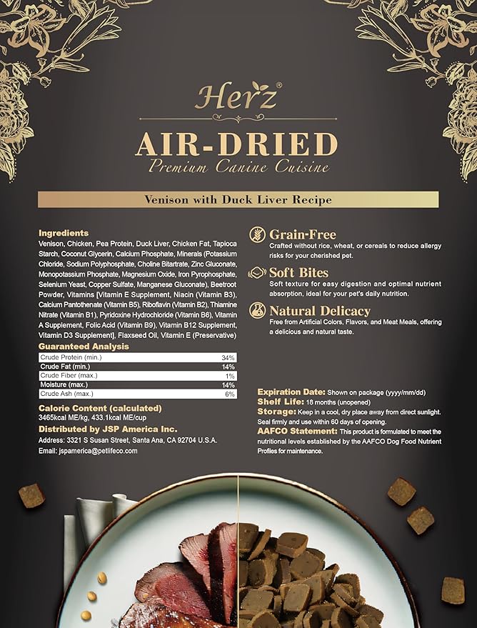 Herz Air-Dried Dog Food Venison & Duck Liver Recipe 1 lb, All-Natural, High-Protein, Grain-Free, Limited Ingredients, Complete & Balanced, Premium Canine Cuisine
