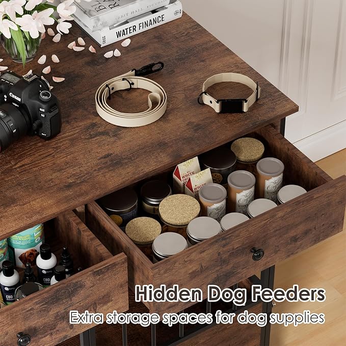 44.5" Dog Crate Furniture, Wooden Dog Kennel with Storage Drawers, Large Dog Cage with Wheels, Heavy Duty Wooden Dog Crate End Table with Steel Tubes for Big Breed