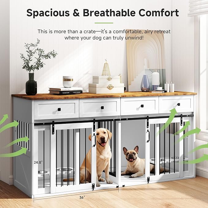 Real Relax 71” Large Dog Crate Furniture for 1 or 2 Dogs with Sliding Door, Heavy Duty Dog Kennel Furniture for Small/Medium Dogs with 4 Bowls, Dog Cage with Steel Frame, White