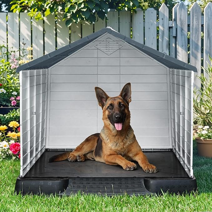 YITAHOME Plastic Dog House, Waterproof Indoor Outdoor Doghouse for Large or Small Dog, with Air Vents and Elevated Floor, Easy Assemble and Clean