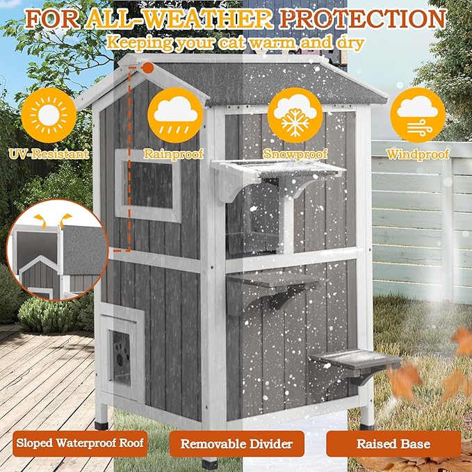 PetsCosset Insulated Cat House Outdoor Weatherproof All-Round Insulation Two Story Outside Wooden Feral Cat Shelter for Winter with 2 Escape Doors, Pull Out Floor and Openable Roof for Cats, Grey