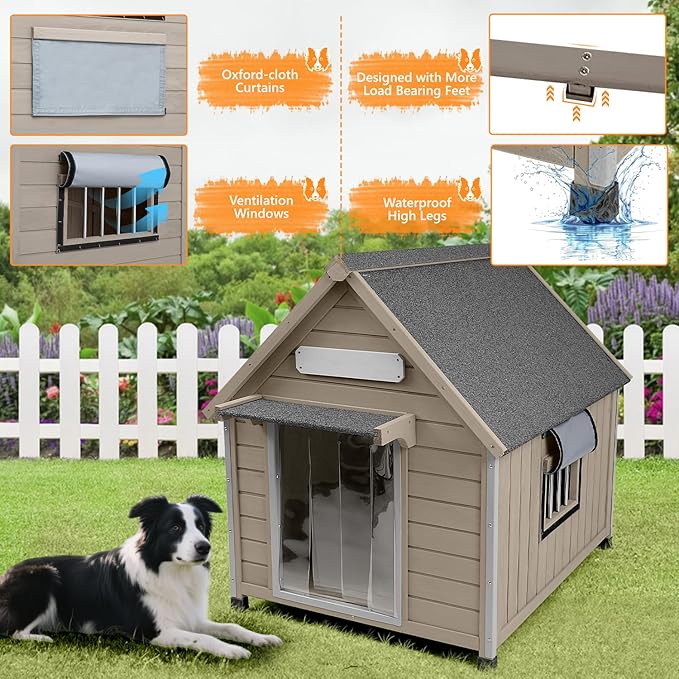 Large Dog House Indoor Outdoor with Window, Doghouse Kennel Shelter with Anti-Chewing Iron Frame for Medium to Small Dogs, Easy Assemble(37.4" W*30.5" L*39.3" H)