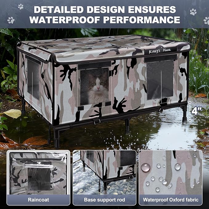 Outdoor Cat House - Weatherproof Outdoor Cat Shelter with 2 Doors & Rain Cover, Waterproof Cat House for Feral Cats & Stray Pets (32"x22"x18") - Unheated
