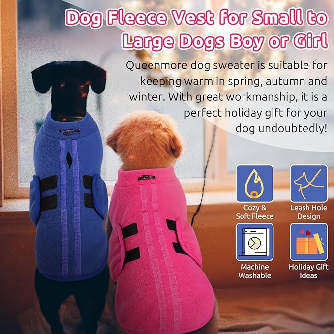 Queenmore Large Dog Sweater, Soft Fleece Vest Pullover Dog Jacket with Leash Hole, Warm Winter Dog Clothes Cold Weather Doggy Dachshund Sweaters for Large Dogs Cats Boy or Girl (Pink, L)