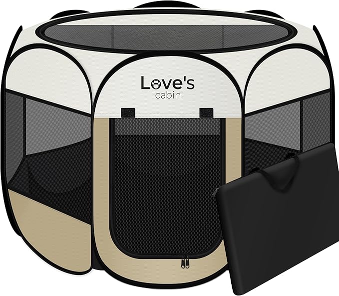 Love's cabin Pet Puppy Dog Playpen, Medium Dog Tent Crates Cage Indoor/Outdoor, Portable Playpen for Cat, Foldable Pop Up Dog Kennel Playpen with Carring Case, Removable Zipper Top, Khaki