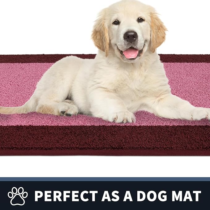 PURRUGS Dirt Trapping Door Mat 24" x 36", Non-Slip/Skid Machine Washable Entryway Rug, Shoes Scraper, Throw Rug, Super Absorbent Area Rug for Muddy Wet Shoes and Paws, Pink & Burgundy Red