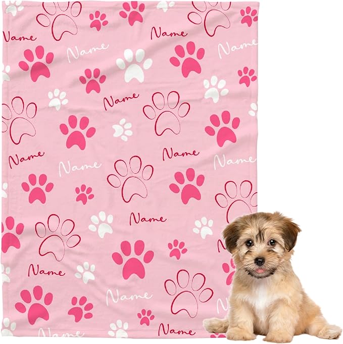 Custom Pet Name Personalized Dog Blanket, Puppy Gift for Dog Lovers, Cute Dog Paw Prints Soft Flannel Throw Blanket, Extra Small 40"x30"