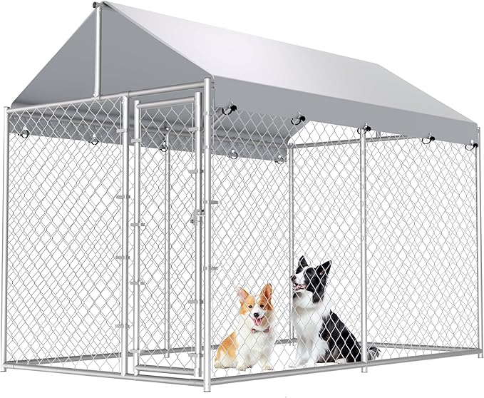 Large Dog Kennel Outdoor, Outside Dog Run Enclosure Heavy Duty Galvanized Steel Chain Link Metal Dog Pen House with Lockable Door and Water-Resistant Roof, for Medium and Large Dogs(10'x6'x7.65')
