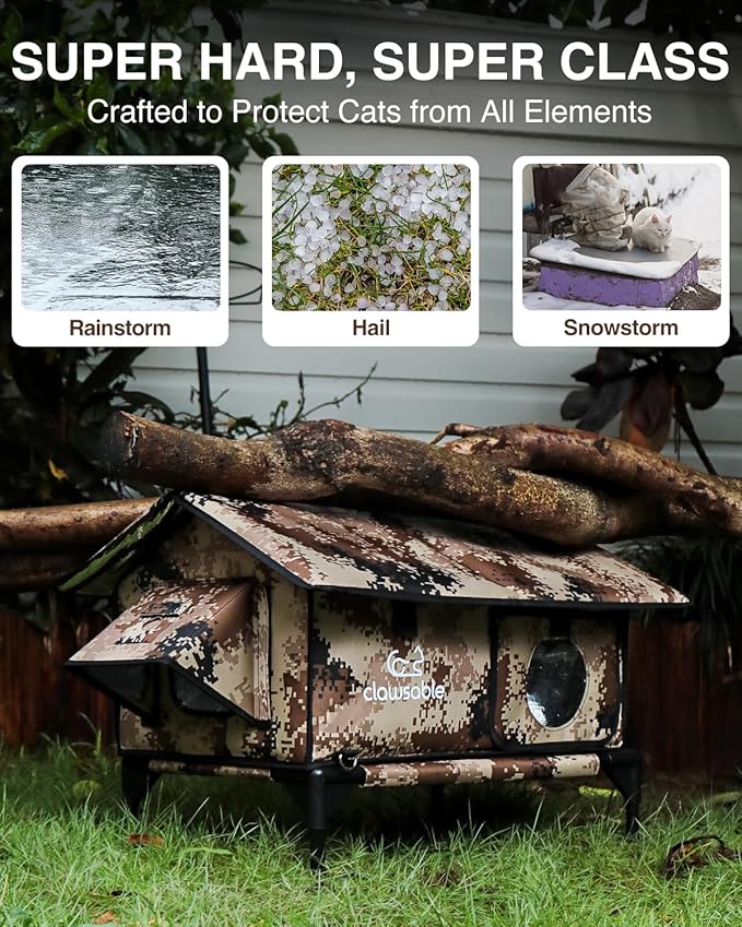 Indestructible Gable Roof Heated Cat House for Outside Winter, 100% Waterproof, Safe Escape Door, Insulated Outdoor Cat Shelter with Heater for Feral Barn Cat Kitty (Desert Camouflage, 24"x16"x19")