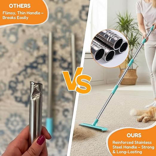 3 In 1 Carpet Rake for Pet Hair Removal with Long & Short Handle and Rubber Detail Brush, Carpet Brush for Pet Hair, Deep Cleaning Pet Hair Removal Broom for Carpets Couches Rugs Bed Furniture