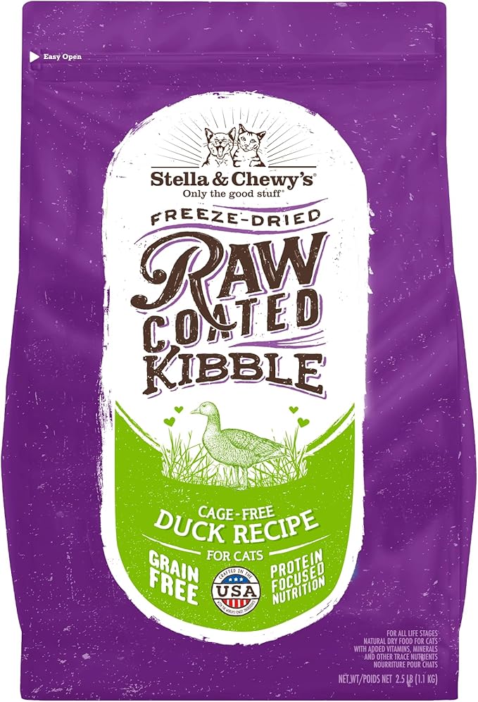 Stella & Chewy's Raw Coated Cat Food - High Protein, Grain-Free Kibble with Cage-Free Duck - Premium Digestive Support with Probiotics - Natural Small Kibble - Perfect For Picky Eaters - 2.5 lb Bag