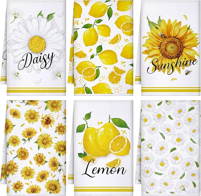 TecUnite 6 Pcs Sunflower Kitchen Towels Lemon Daisy Flower Dishtowels 24 x 16 Inches Floral Absorbent Fast Drying Farmhouse Hand Towels for Christmas Bathroom Gifts Decorations