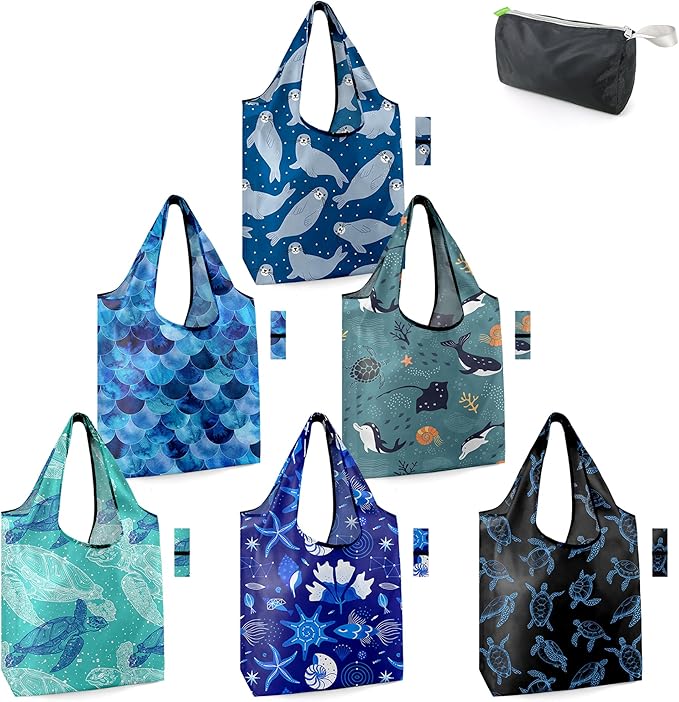 BeeGreen Sea Turtle Lovers Gifts for Women Ocean Animals Reusable Grocery Bags Shopping Bags Bulk 6 Pack 50LBS X-Large Shells Seal Mermaid Scale Whale