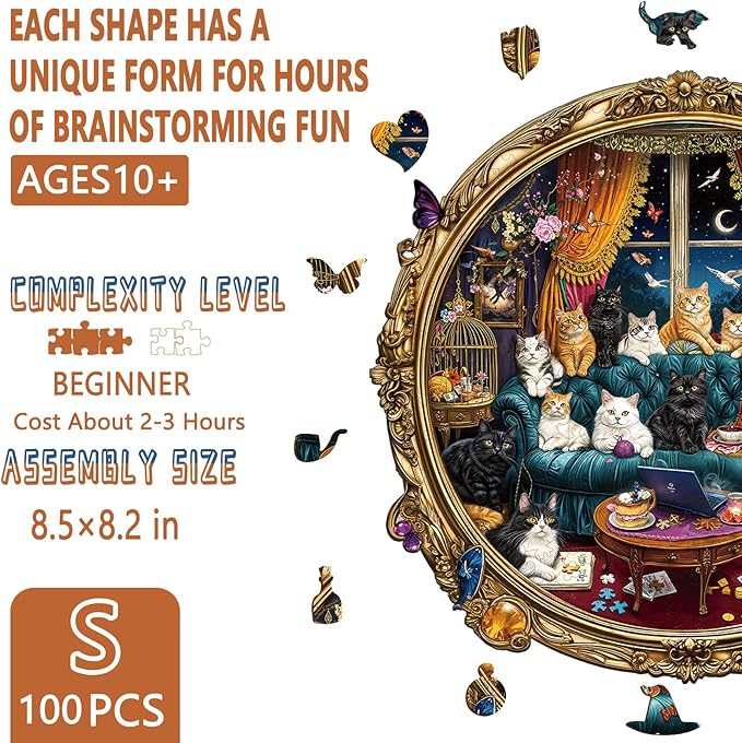 Wooden Puzzles for Adults, Cat Party Night Wooden Jigsaw Puzzle for Adults, Wood Puzzles Adult, Unique Shape, Presents for Friends, Wall Art Home Decor (S-8.5 * 8.5in - 100 pcs)