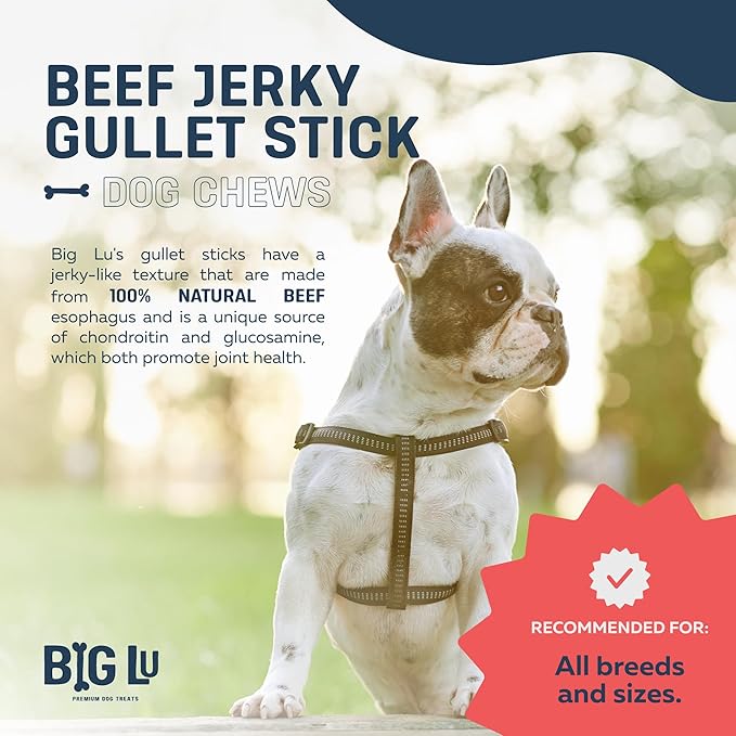 Big Lu - 6-Inch Jerky Gullet Sticks, 12 Count, All-Natural Beef Dog Chews, Grass-Fed, Free-Range, Digestible Treats with Glucosamine and Chondroitin for Joint Health, Dogs