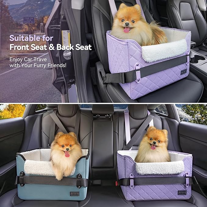 PETSFIT Dog Car Seats for Small Dogs – Patented Safety Buckles – Safety Tether – Foldable Travel Cat Car Seat Reduces Anxiety & Road Trips – Stable Frame, Fits Front/Back Seat (Lavender Purple)