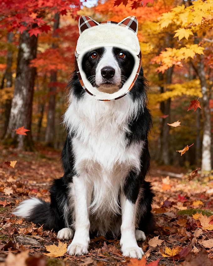 PET SHOW Dog Trapper Hat Winter Hat for Medium Large Dogs Fall Thanksgiving Warm Fleece Aviator Hats with Ear Flaps Adjustable Outdoor Boy Pet Pilot Costume Cap L-Orange Plaid/Without Ear Holes