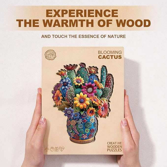 KAAYEE Wooden Puzzles for Adults, Blooming Cactus Jigsaw Puzzles, 125 Piece Unique Shape Puzzle, Creative Gifts for Adults/Friends/Family, Family Game，Wall Decor(11.4 * 9.1in)