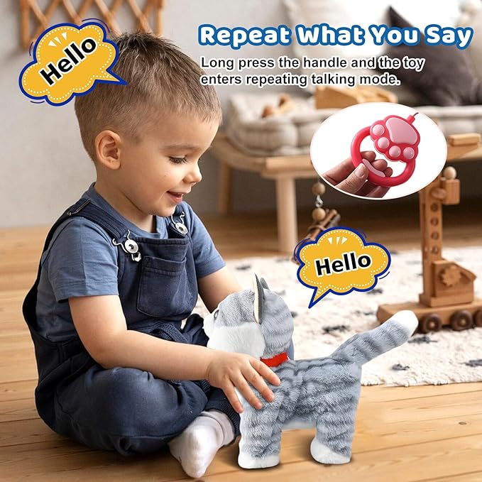 Gray Walking Cat Set Interactive Toy Cat for Girl Repeat What You Say Toy Kitten Talking Singing Dancing Touch Control Robot Cat Toy for Kid with Leash Wagging Tail Nodding Plush Electric Kitty
