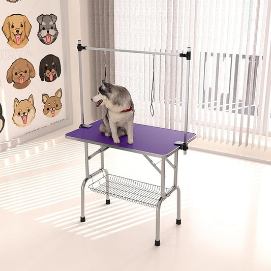 46" Dog Grooming Table Foldable Pet Grooming Tables with Adjustable Arm Noose Storage Mesh Tray Maximum Capacity Up to 330lbs Purple