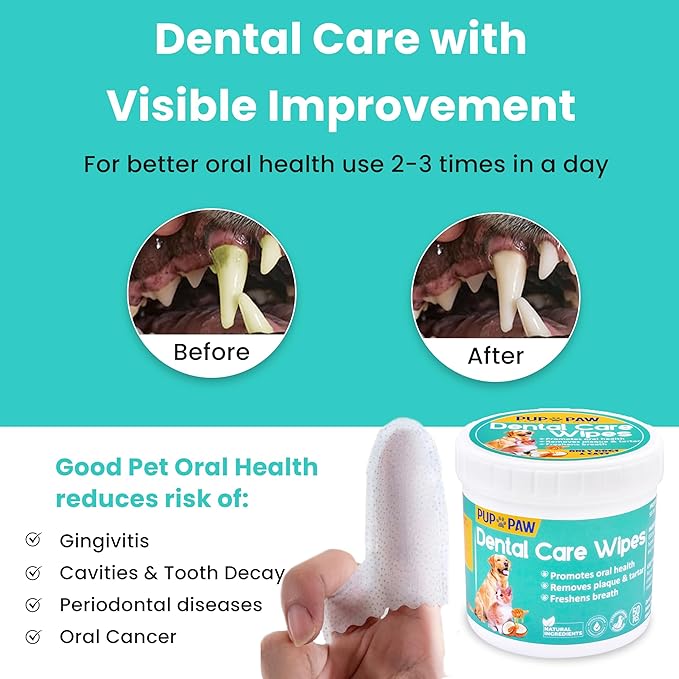Premium Dog Teeth Cleaning Wipes - All Natural Dog Toothbrush & Tooth Brushing Kit - Pet Dental Finger Wipes for Cats & Dogs - Freshens Breath, Reduces Tartar & Plaque - All in one Finger Wipes (50)