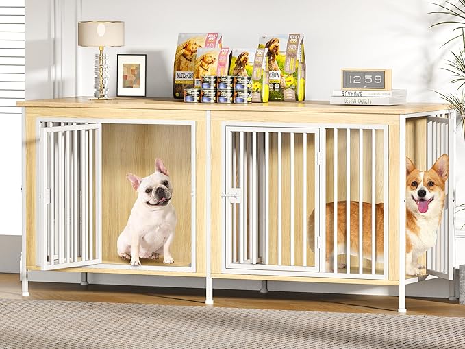 EasyCom Dog Crate Furniture for 1 or 2 Dogs, Heavy Duty Single/Double Dog Crates for Small/Medium/Large Dogs, Dog Kennel Furniture Indoor as TV Stand, Medium Size 63" L(20-35 Pounds), Off White