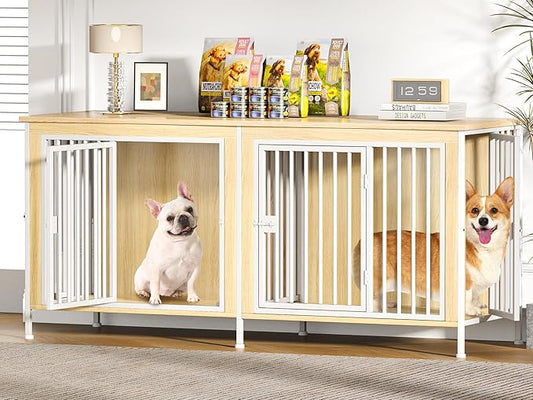 EasyCom Dog Crate Furniture for 1 or 2 Dogs, Heavy Duty Single/Double Dog Crates for Small/Medium/Large Dogs, Dog Kennel Furniture Indoor as TV Stand, Medium Size 63" L(20-35 Pounds), Off White