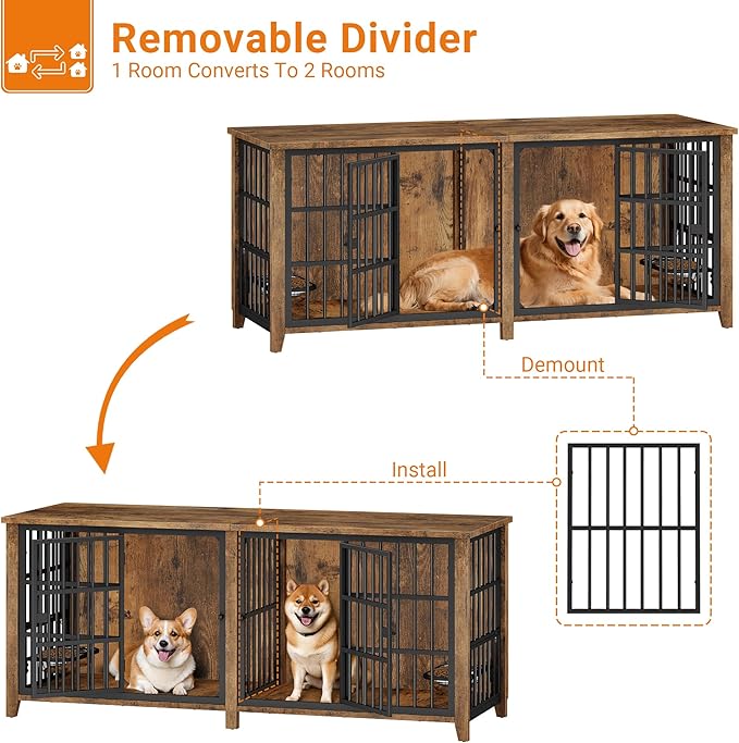 Lulive 78" Dog Crate Furniture for 1 Large or 2 Small/Medium, Extra Large Dog Kennel Indoor with Removable Divider & Adjustable Height Dog Bowls, Heavy Duty Wooden Double Dog Cage as TV Stand, Brown