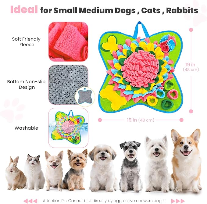 PETCARE Snuffle Mat for Dogs Interactive Enrichment Puzzle Toys for Small Medium Breed Dogs Cats Rabbits Cognitive Puppy Sniff Foraging Mats Mental Stimulation Treat Game Slow Feeder Mats, 19*19 inch