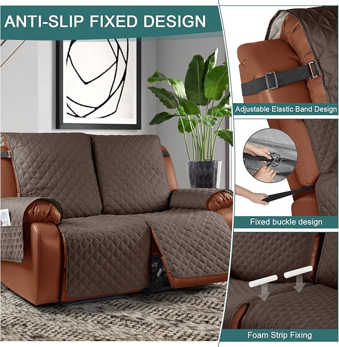 Ruaozz Waterproof Recliner Sofa Cover 1-Piece Couch Covers for Reclining Couches Reclining Sofa Cover Washable Furniture Protector with Elastic Straps Pocket for Kids, Pets (Brown, 2 Seater)