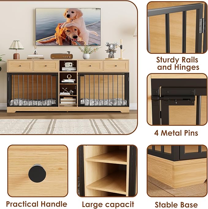 GarveeHome 82" Double Dog Crate Furniture, Large Dog Kennel Indoor for 2 Dogs, Heavy Duty Wooden Dog Crate TV Stand with 4 Drawers and Shelves, Natural