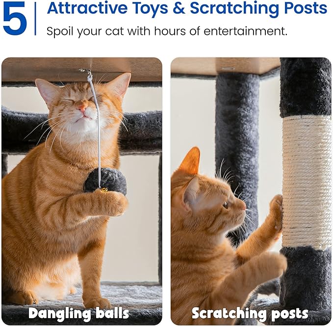 MWPO Extra Large Cat Tree - 70.1-Inch Tall Cat Tower with 3 Cat Condos, Multi-Level Cat Stand for Large Cats Featuring Scratching Posts, Padded Perches, Hammock, Dangling Toys - Smoky Grey