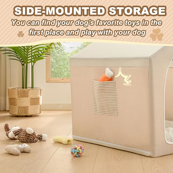 Jiupety Indoor Dog House with Frame, Cute Dog Tent Bed with Cover Cave, Breathable, Washable, and Foldable House, Suitable for 20-40 Lb, Large (25"×25"×25"), Beige