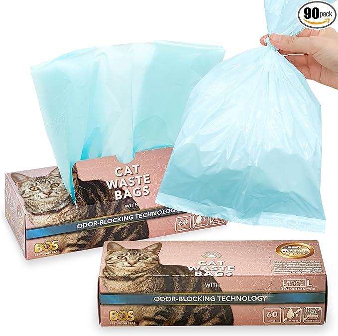 Best Odor-Sealing Cat Poop Bags, BOS for Pet Waste & Kitty Litter - Disposal Bags - Scent & Smell Free (60 bags) [Size: L, Color: Light blue] NOT a litter box liner (Pack of 2)