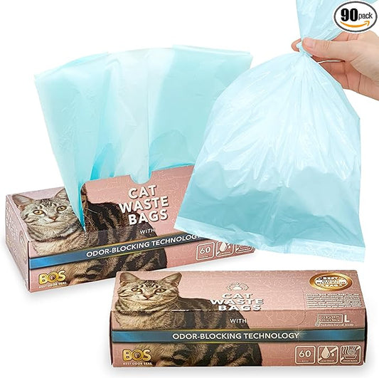Best Odor-Sealing Cat Poop Bags, BOS for Pet Waste & Kitty Litter - Disposal Bags - Scent & Smell Free (60 bags) [Size: L, Color: Light blue] NOT a litter box liner (Pack of 2)